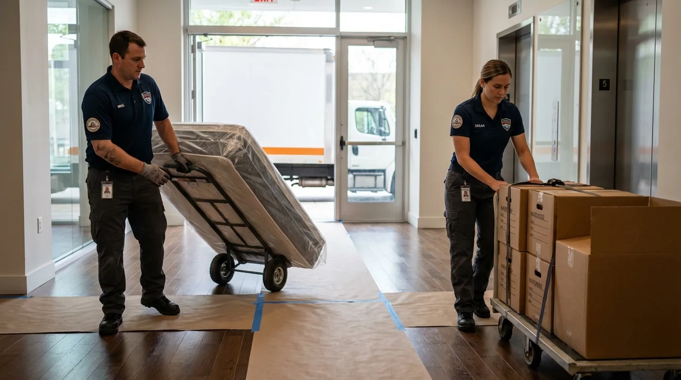 Professional apartment movers loading elevator in Mount Pleasant, NC